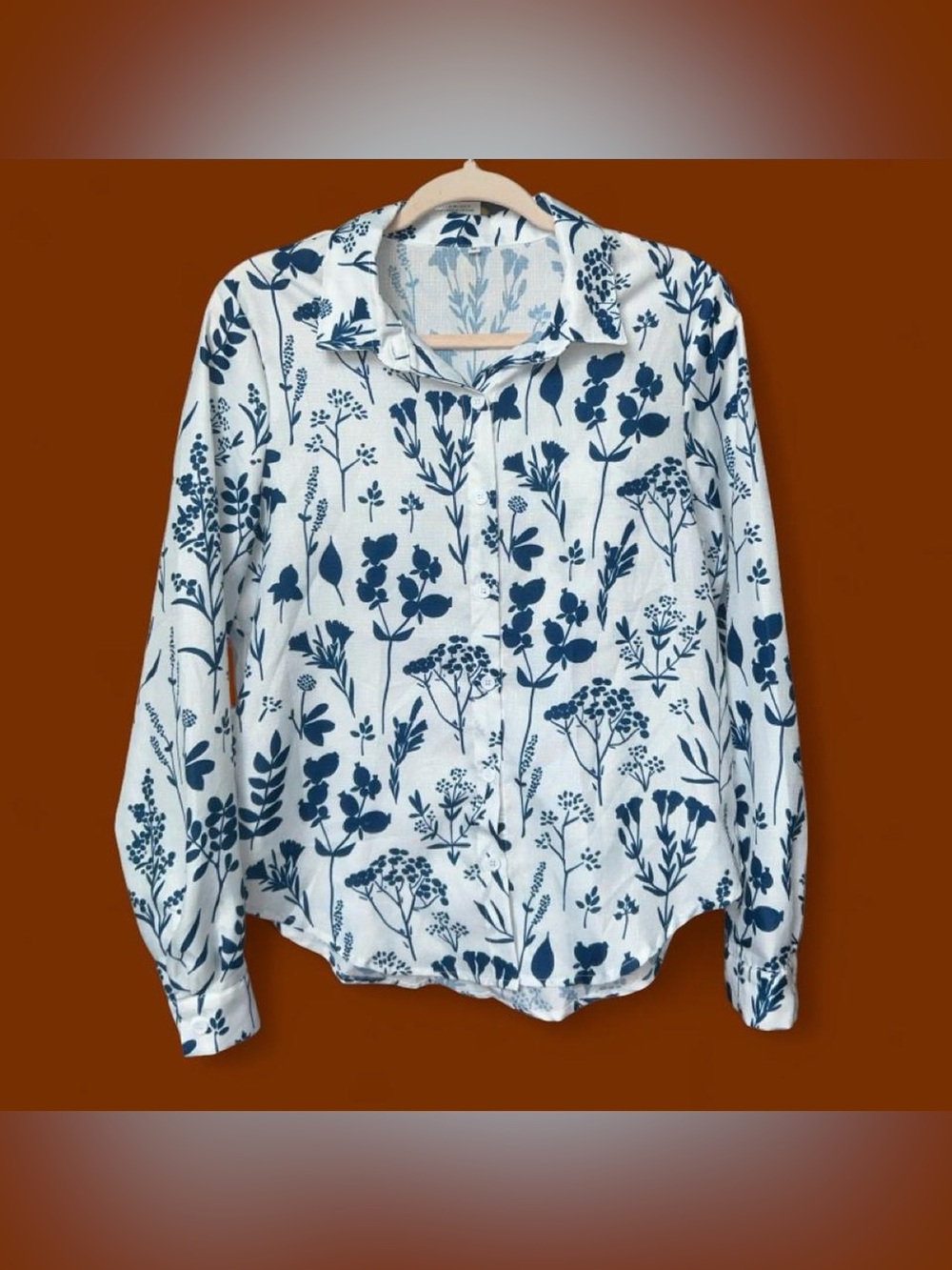 SHEIN White Button-Down Shirt with Navy Botanical Print